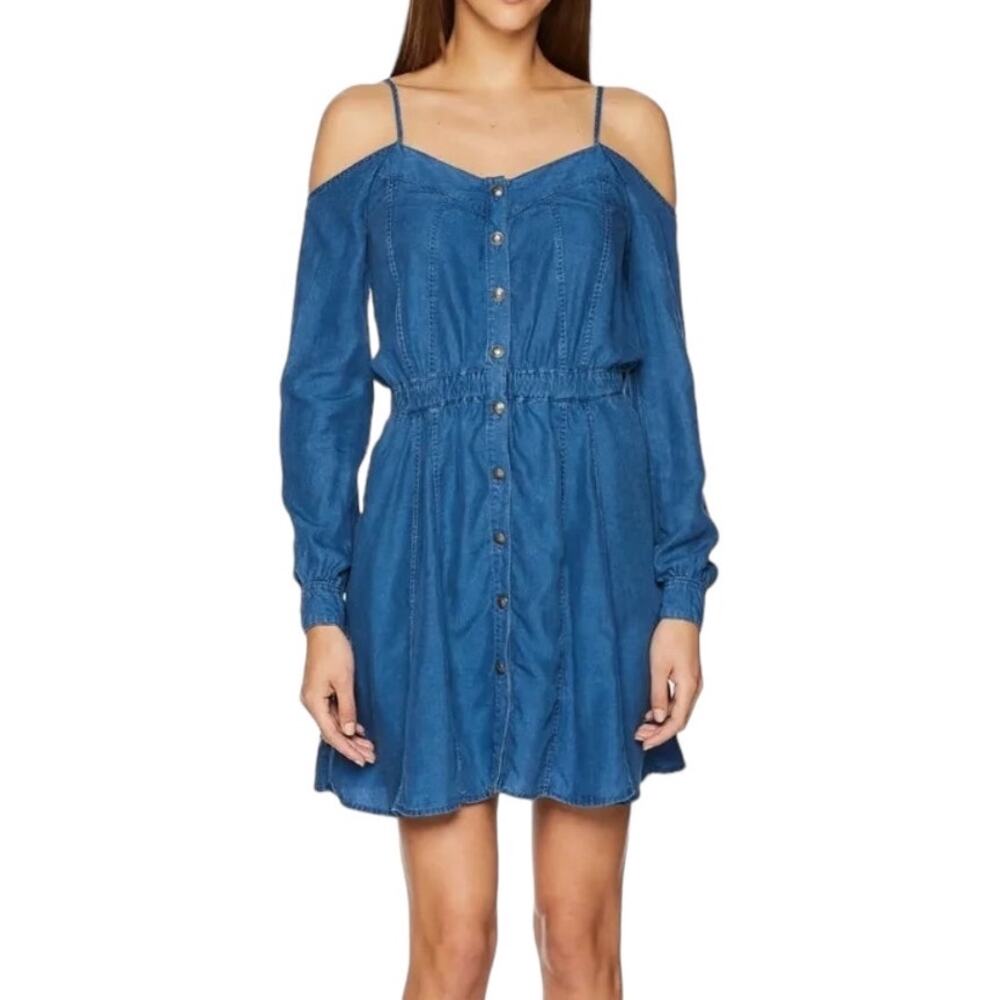 The Kooples Mini Dress Blue Denim Button Front Off Shoulder Long Sleeve
